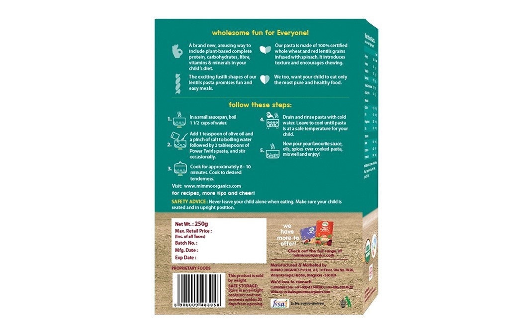 Mimmo Organics Power Twirls Pasta, Whole Wheat Red Lentils Spinach   Box  250 grams